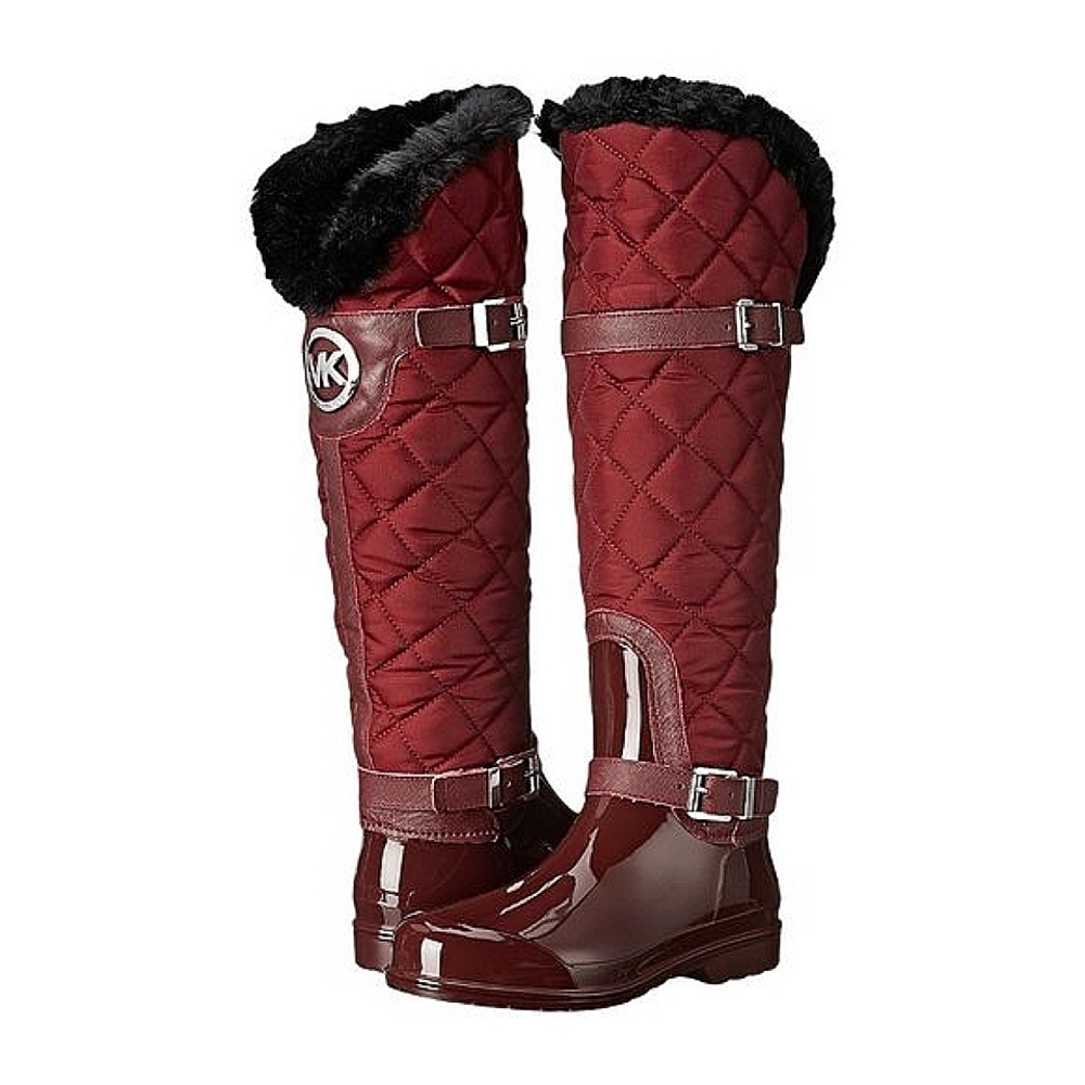 New Michael Kors Red Fulton Quilted Faux Fur Rain Boots, MK Burgundy